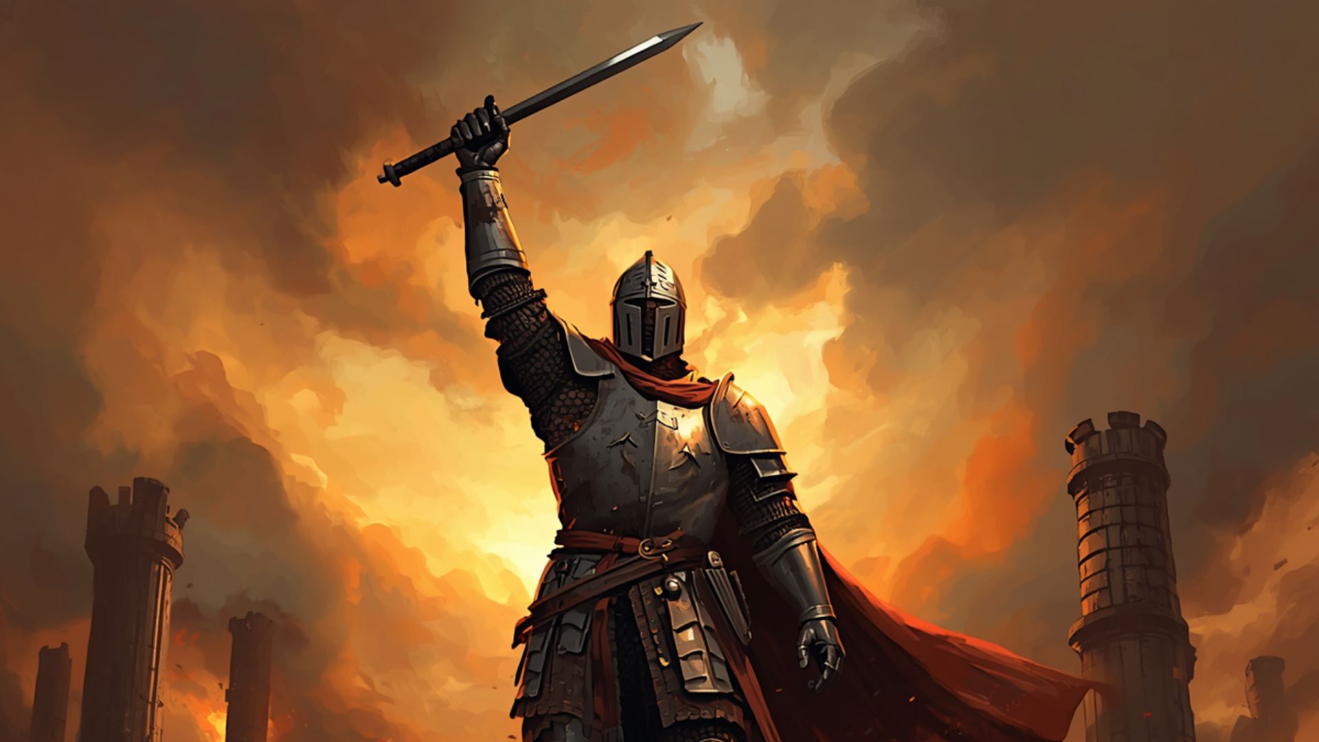 Armored knight raising a sword before a burning castle skyline